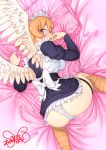  akairi_bon animal_humanoid avian avian_humanoid breasts butt cheeky_panties clothed clothing feathered_wings feathers female hair hi_res humanoid ishuzoku_reviewers looking_at_viewer meidri open_mouth panties pillow pillow_grab pink_pillow scutes solo tongue underwear winged_humanoid wings 
