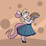  anthro blonde_hair clothing domestication dress female food footwear gem hair high_heels housewife implied_transformation jewelry mammal murid murine necklace oven_mitts pearl_(gem) pearl_necklace pie rat rodent rusheloc shoes smile smiling_at_viewer solo stepfordization thick_tail 