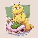  2020 anthro bathing belly big_belly half-closed_eyes hi_res holding_object kneeling koopa koopa_troopa male mario_bros narrowed_eyes nintendo nude overweight overweight_male raburigaron reptile scalie shell shell-less signature soap solo suds turtle video_games water wet 