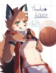  &lt;3 4_fingers anthro athletic athletic_male ball basketball_(ball) black_nose blush bottomwear canid canine cheek_tuft chest_tuft claws clothed clothing crotch_tuft dialogue dipstick_tail english_text eye_markings facial_tuft fingers fluffy fox foxy_(nekojita) fur green_eyes head_tuft hi_res inner_ear_fluff jersey kemono leaning leaning_back licking licking_lips looking_at_viewer male mammal markings midriff milestone multicolored_body multicolored_fur multicolored_tail neck_tuft nekojita orange_body orange_fur partially_clothed raised_clothing raised_shirt shorts simple_background solo speech_bubble standing text tongue tongue_out topwear tuft white_background white_body white_fur 