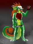 &lt;3 anthro blood blood_covered bodily_fluids bodypaint bone dagger dinosaur dromaeosaurid face_paint feathers gore green_body hi_res horn male melee_weapon orange_body orange_feathers reptile scalie sinister skeleton theropod weapon 