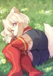  anthro bottomwear butt canid canine clothing female grass hair hi_res hotpants kemono legwear lying mammal on_ground on_side purple_eyes red_clothing red_legwear shorts solo thigh_highs white_hair youki029 