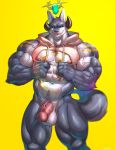  anthro balls big_muscles canid canine clothing genitals hi_res hoodie horn huge_muscles humanoid_genitalia humanoid_penis male mammal muscular muscular_male nipple_piercing nipples penis piercing pubes solo topwear vein veiny_muscles veiny_penis vorusuarts 