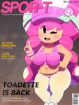  barcode blush breasts clothed clothing cover english_text female gesture grey_background hair hand_on_hip hat headgear headwear hi_res humanoid looking_at_viewer magazine magazine_cover mammal mario_bros mario_tennis mario_tennis_aces nintendo not_furry one_eye_closed open_mouth pink_hair pointing pose simple_background solo somescrub standing teeth text thick_thighs toad_(mario) toadette tongue video_games wide_hips wink 
