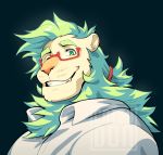  2019 anthro biped black_background bust_portrait catsudon clothed clothing digital_drawing_(artwork) digital_media_(artwork) eyebrows eyewear fangs felid fur glasses green_eyebrows green_eyes green_hair green_mane grey_text hair leon_pan_(catsudon) lion looking_at_viewer male mammal mane neck_tuft one_eye_closed pantherine portrait shirt side_view simple_background smile solo standing tan_body tan_fur teeth three-quarter_view topwear tuft watermark white_clothing white_shirt white_topwear wink 