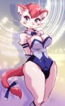  2020 abstract_background anthro blush breasts domestic_cat ear_piercing eyelashes felid feline felis female fur hair hi_res mammal melonleaf piercing purple_eyes red_hair ribbons smile solo tail_ribbon white_body wide_hips 