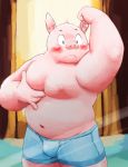  2017 anthro belly blush bulge clothing domestic_pig humanoid_hands kemono male mammal meg_hoi moobs navel nipples pink_body slightly_chubby solo suid suina sus_(pig) underwear 