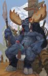  2018 abs anthro balls big_horns blizzard_entertainment blue_eyes bodily_fluids bovid bovine braided_hair clothing clothing_aside digital_media_(artwork) erection facial_piercing genital_fluids genital_markings genitals hair hi_res holding_object horn humanoid_genitalia humanoid_penis loincloth loincloth_aside male mammal markings melee_weapon muscular muscular_male navel neungsonie nipples nose_piercing nose_ring pecs penis penis_markings piercing precum solo tauren totem_pole video_games warcraft weapon 