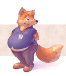 anthro belly big_belly butt canid canine clothed clothing dipstick_tail fox fur hands_behind_back lotic male mammal multicolored_tail name_badge orange_body orange_fur overweight overweight_male solo standing white_body white_fur 