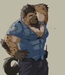  2019 5_fingers absurd_res anthro biceps big_muscles black_nose bottomwear button_pop clothed clothing finger_claws fingers fur fur_tuft hand_on_head hi_res huge_muscles hyaenid hyper hyper_muscles male mammal muscular police simple_background solo spots spotted_body spotted_fur spotted_hyena teeth topwear tuft warr 