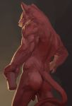  2016 absurd_res anthro athletic athletic_male balls canid canine digital_media_(artwork) fur genitals hi_res holding_object humanoid_genitalia humanoid_penis looking_at_viewer male mammal neungsonie nude penis perineum rear_view red_body red_eyes red_fur simple_background solo 