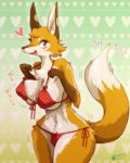  &lt;3 2019 anthro big_breasts bikini black_nose blush breasts canid canine clothing cute_fangs female fox fur hi_res kemono looking_up mammal melonleaf navel nipple_outline open_mouth orange_body orange_fur simple_background smile snout solo swimwear wide_hips 