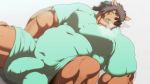  2_horns absurd_res alternate_version_at_source big_muscles bodily_fluids breath bulge choco_monaca clothed clothing eyes_closed genital_outline hair hi_res horn male mammal muscular muscular_male penis_outline rhinocerotoid solo sweat teeth 