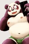  2018 anthro belly blush bulge clothing eyes_closed fur giant_panda kemono male mammal meg_hoi moobs navel nipples overweight overweight_male phone simple_background solo underwear ursid white_background white_body white_fur 