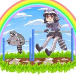  2020 4_toes 5_fingers animal_humanoid arai-san clothed clothing detailed_background duo feral fingers fur grass grey_body grey_fur humanoid humanoid_hands kemono kemono_friends mammal mammal_humanoid multi_ear outside playground procyonid procyonid_humanoid raccoon raccoon_humanoid rainbow red_eyes toes umikazenet3 