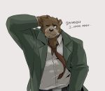  absurd_res ace_attorney anthro belt black_nose capcom clothed clothing dick_gumshoe fur fur_tuft hand_behind_head hi_res male mammal necktie one_eye_closed simple_background solo text topwear tuft ursid video_games warr white_clothing white_topwear 