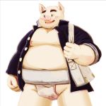  2013 anthro barely_visible_genitalia belly blush clothing domestic_pig genitals humanoid_hands low_res male mammal meg_hoi moobs overweight overweight_male shirt simple_background solo suid suina sumo sus_(pig) topwear white_background 