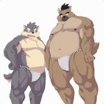  2020 absurd_res anthro belly brown_body brown_fur canid canine canis cute_fangs domestic_dog duo fur hi_res kemono male mammal moobs moritaka musclegut navel nipples omochiwotakusan overweight overweight_male simple_background tokyo_afterschool_summoners video_games white_background yasuyori 