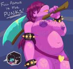  5_fingers anthro areola armor axe belly belt big_breasts bracelet breasts casual_nudity chubby_female clothed clothing cutaway deltarune duo female female_focus fingers freckles genitals grin hair hair_over_eyes hi_res holding_object holding_weapon huge_breasts human jewelry kris_(deltarune) latchk3y long_hair low-angle_view male mammal melee_weapon mostly_nude navel nipples non-mammal_breasts portrait purple_body purple_hair purple_scales pussy reptile scales scalie sharp_teeth slightly_chubby smile solo_focus spiked_bracelet spikes standing straight_hair susie_(deltarune) teeth thick_thighs three-quarter_portrait video_games weapon yellow_teeth 