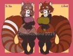  absurd_res ailurid anthro breast_size_difference breasts claws clothing duo female hair hi_res inner_ear_fluff lihua_(technicoloris) looking_at_viewer mammal panties red_panda ringtail short_hair simple_background smile standing technicoloris thick_thighs toe_claws topwear tuft underwear wide_hips yellow_eyes 