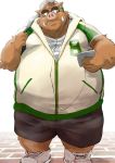  2016 anthro bottomwear brown_body brown_fur clothing fur hachirouta hoodie humanoid_hands kemono male mammal overweight overweight_male phone shorts solo suid suina sus_(pig) topwear wild_boar 
