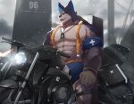  abs anthro armband backpack black_nose blue_eyes bottomwear canid canine canis cigarette clothed clothing cloud cloudy cute_fangs detailed_background dog_tags driving ear_piercing ear_ring fur gloves glowing glowing_eyes grey_body grey_fur handwear head_tuft hi_res kemono looking_at_viewer male mammal motorcycle mouth_hold multicolored_body multicolored_fur muscular muscular_male neck_tuft nekojita object_in_mouth open_mouth outside pecs piercing raining shorts sky smoking solo standing text tongue topless translation_request tuft two_tone_body two_tone_fur vehicle white_body white_fur wolf 