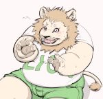  2016 anthro belly blush bottomwear clothing felid kemono lion low_res male mammal meg_hoi overweight overweight_male pantherine shirt shorts simple_background sitting solo topwear white_background 