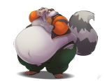  absurd_res anthro bandanna baseball_cap belly belly_jiggle belly_overhang belt big_belly bottomwear chubby_cheeks claws clothed clothing dewlap_(anatomy) dog_tags double_chin eating eye_scar eyes_closed facial_markings food fur grey_body grey_fur hat head_markings headgear headwear hi_res holding_food holding_object jargonicedragon love_handles male mammal markings mask_(marking) midriff moobs morbidly_obese morbidly_obese_male obese obese_male open_mouth open_pants open_smile overweight overweight_male pants procyonid raccoon ringtail rocky_ramos scar shirt smile solo standing thick_thighs toe_claws topwear torn_bottomwear torn_clothing torn_pants torn_shirt torn_topwear wide_hips 