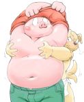  2017 anthro belly blush bottomwear bulge canid canine canis clothing domestic_dog domestic_pig duo grope hug hugging_from_behind humanoid_hands kemono male mammal meg_hoi moobs navel overweight overweight_male pants pink_body shirt simple_background suid suina sus_(pig) topwear towel white_background 