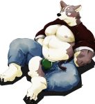  2018 anthro belly blush bottomwear bulge canid canine canis clothing domestic_dog kemono male mammal meg_hoi moobs nipples overweight overweight_male pants shirt simple_background sitting solo topwear underwear white_background 