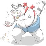  2016 anthro belly blush bulge clothing domestic_cat felid feline felis fur japanese_text kemono male mammal meg_hoi moobs nipples overweight overweight_male solo text tongue tongue_out underwear white_body white_fur 