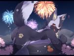  anthro bent_over black_body black_fur black_nose blue_eyes butt butt_markings canid canine cheek_tuft chest_tuft cute_fangs facial_tuft fireworks flower_petals fluffy footprint fox fur head_tuft heterochromia hi_res hot_spring inner_ear_fluff kemono licking licking_lips looking_at_viewer male mammal markings multicolored_body multicolored_fur multicolored_tail nekojita night nude outside partially_submerged pawprint pawprint_marking petals raised_tail red_eyes rubber_duck side_view sky solo tongue tongue_out tuft two_tone_body two_tone_fur water wet white_body white_fur yellow_sclera 