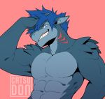  2019 abs anthro bare_chest biceps biped blue_eyes blue_hair catsudon claws countershade_torso countershading digital_drawing_(artwork) digital_media_(artwork) ear_piercing ear_ring fangs fingers fish front_view gills grey_body grey_countershading grey_skin grey_text grin hair half-closed_eyes half-length_portrait hand_in_hair hide_(xdrakex) looking_at_viewer male marine muscular muscular_male narrowed_eyes nude pecs piercing pink_background portrait shark sharp_teeth simple_background smile solo standing teeth three-quarter_view touching_hair watermark 