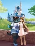  2020 4_toes 5_fingers anthro breast_size_difference breasts brown_hair cervid clothed clothing day detailed_background digital_media_(artwork) disney disney_parks duo fangs felid female fingers fur hair hi_res hooves machairodontine magic_kingdom mammal outside seibear sky smile toes walt_disney_world 