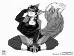  2020 anthro breasts canid canine clothed clothing dipstick_tail female footwear fox fully_clothed hair hi_res legwear mammal multicolored_tail murazaki one_eye_closed simple_background sitting socks white_background 