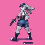  2020 anthro belt butt butt_pose clothed clothing disney female fully_clothed fur grey_body grey_fur holding_gun holding_object holding_weapon judy_hopps kiaun lagomorph leporid looking_at_viewer looking_back mammal pink_background pose purple_eyes rabbit simple_background smile solo standing text toeless_legwear url weapon zootopia 