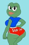  amphibian anthro big_butt bottomwear butt butt_focus clothing curvy_figure female frog hi_res looking_back meme pepe_the_frog shirt shorts smiling_at_viewer solo tansau text topwear what 