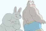  2016 anthro belly blush butt clothing domestic_pig duo humanoid_hands lagomorph leporid male mammal meg_hoi moobs nipples overweight overweight_male rabbit simple_background suid suina sus_(pig) underwear white_background 