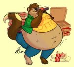  anthro belly belly_expansion belly_overhang beverage big_belly blush brown_body brown_fur claws clothed clothing coca-cola drinking eyes_closed eyewear fur glasses hi_res holding_beverage holding_object inflation lutrine male mammal midriff moobs mustelid navel obese obese_male overweight overweight_male raccoonkind sitting smile solo toe_claws weight_gain 