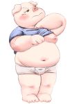  2018 anthro belly blush bulge clothing domestic_pig humanoid_hands kemono male mammal meg_hoi moobs navel nipples overweight overweight_male pink_body shirt simple_background solo suid suina sus_(pig) topwear underwear white_background 