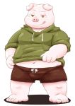  2018 anthro belly bottomwear bulge clothing domestic_pig hoodie humanoid_hands kemono male mammal meg_hoi navel overweight overweight_male pink_body shorts simple_background solo suid suina sus_(pig) tongue tongue_out topwear white_background 