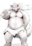  2018 absurd_res anthro belly clothing dragon hachirouta hi_res horn humanoid_hands kemono loincloth male overweight simple_background solo tongue weapon white_background 