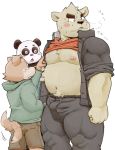  2017 anthro belly black_body black_fur blush bottomwear bulge butt canid canine canis clothing domestic_dog fur giant_panda group hoodie humanoid_hands japanese_text kemono male mammal meg_hoi moobs nipples overweight overweight_male pants shirt text topwear ursid white_body white_fur young 