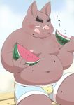  2018 anthro belly blush bulge clothing domestic_pig eating food fruit humanoid_hands japanese_text kemono male mammal meg_hoi melon navel overweight overweight_male plant sitting solo suid suina sus_(pig) text tongue tongue_out underwear watermelon 