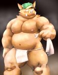  2020 anthro asian_clothing belly blush clothing east_asian_clothing fundoshi hat headgear headwear humanoid_hands japanese_clothing kemono male mammal meg_hoi moobs navel nipples overweight overweight_male solo suid suina sus_(pig) towel underwear wild_boar 