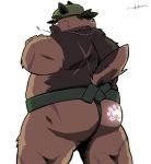  2020 anthro belly brown_body brown_fur butt canid canine canis clothing cute_fangs domestic_dog fur hat headgear headwear hi_res humanoid_hands kemono male mammal overweight overweight_male scar simple_background solo tokyo_afterschool_summoners uokkom video_games white_background yasuyori 