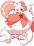  2020 absurd_res anthro belly blush food hi_res k_gutless kemono navel nintendo overweight pok&eacute;mon pok&eacute;mon_(species) simple_background sitting solo text tongue tongue_out video_games zangoose zangoose_day 