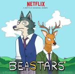  2020 anthro antlers beastars black_nose blue_body blue_fur bojack_horseman bottomwear brown_body brown_fur brown_nose canid canine canis cervid clothed clothing cloud countershading crossover duo fangs fur hi_res horn jacket legoshi_(beastars) looking_aside louis_(beastars) male mammal necktie netflix outside pants scar school_uniform signature size_difference sky ssinapellido standing style_parody topwear uniform vest wolf 