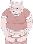  2018 anthro barely_visible_genitalia belly blush bodily_fluids canid canine canis clothing domestic_dog genitals humanoid_hands kemono male mammal meg_hoi overweight overweight_male shirt simple_background solo sweat topwear underwear white_background 