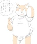  2017 anthro belly blush bulge canid canine canis clothing domestic_dog eyes_closed japanese_text kemono male mammal meg_hoi overweight overweight_male shirt simple_background solo text topwear underwear white_background 